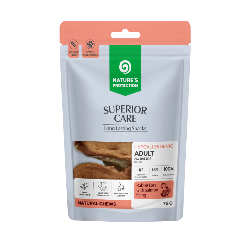 Nature's Protection Superior Care - Friandise sans blé avec des oreilles de lapin et une garniture au saumon - Adulte, Toutes races, Tous types de pelage