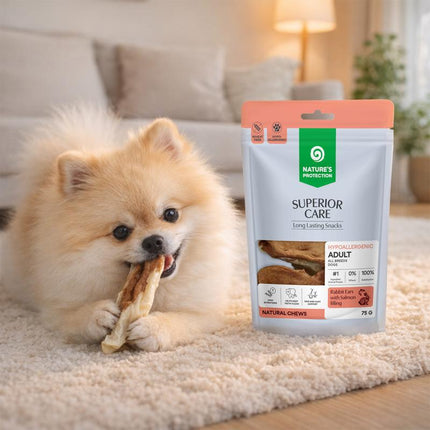 Nature's Protection Superior Care - Weizenfreier Snack mit Kaninchenohren & Lachs-Füllung für ausgewachsene Hunde aller Rassen