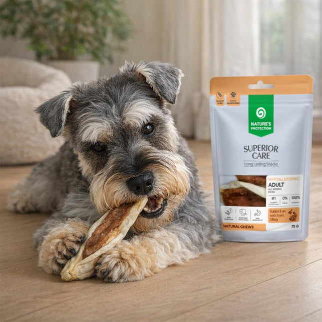 Nature's Protection Superior Care - Weizenfreier Snack mit Kaninchenohren & Entenfleisch-Füllung für ausgewachsene Hunde aller Rassen