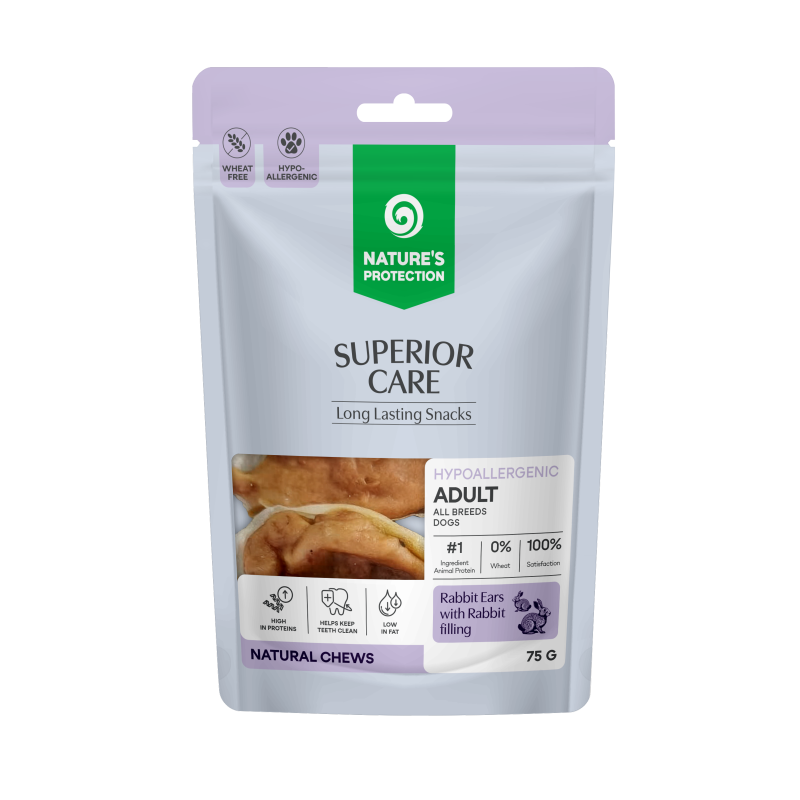 Nature's Protection Superior Care - Snack sans blé à base d'oreilles de lapin et de garniture à la viande de lapin - Adulte, Toutes races, Tous types de pelage