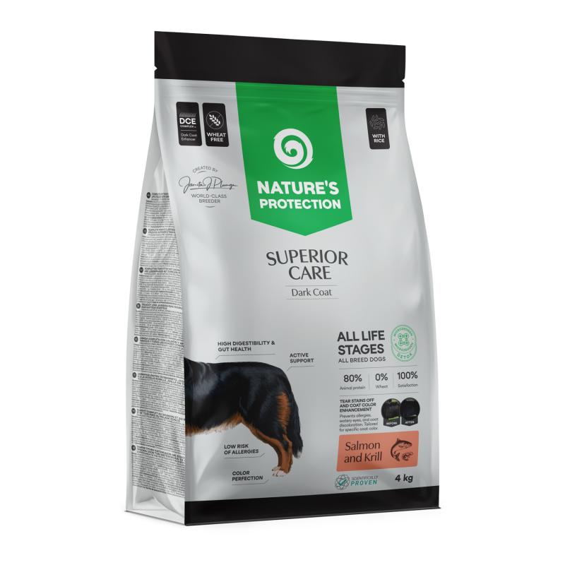 Nature's Protection Superior Care - Weizenfreies Trockenfutter mit Lachs, Krill & Reis - Alle Altersstufen, Alle Rassen, Dunkles Fell
