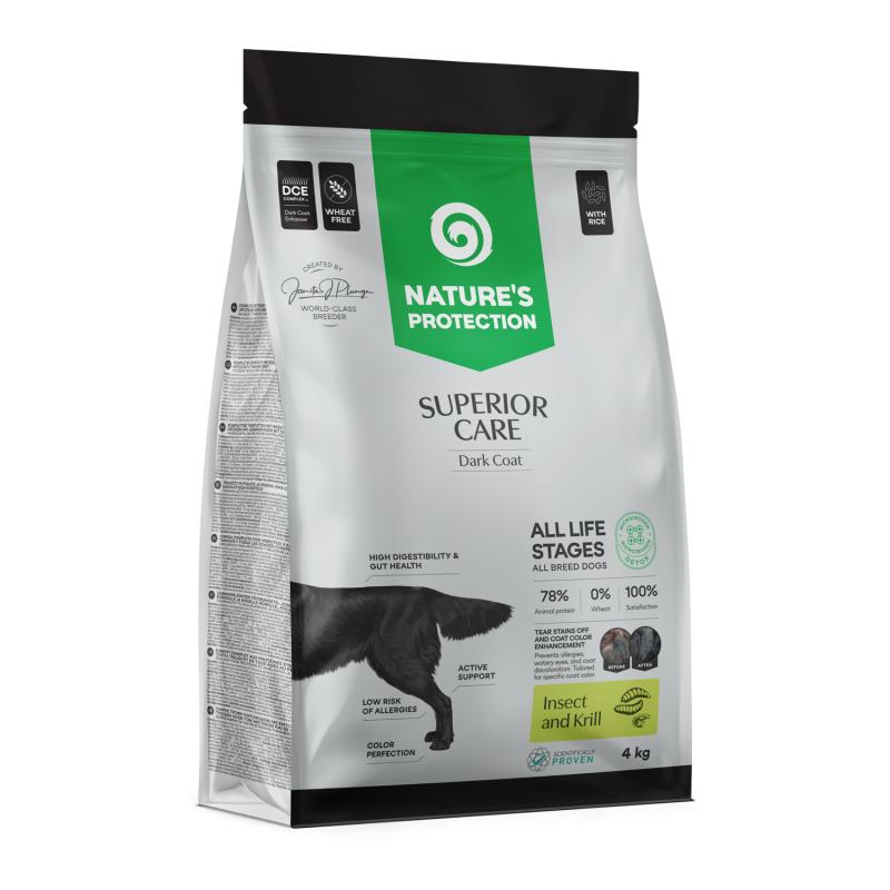 Nature's Protection Superior Care - Weizenfreies Trockenfutter mit Insekt, Krill & Reis - Alle Altersstufen, Alle Rassen, Dunkles Fell
