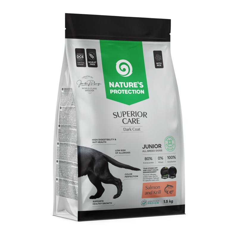 Nature's Protection Superior Care - Weizenfreies Trockenfutter mit Lachs & Reis - Junior, Alle Rassen, Dunkles Fell