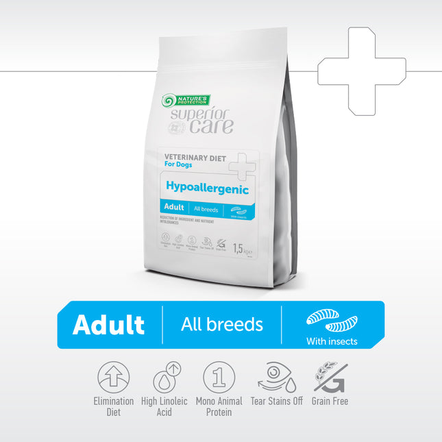 Nature's Protection, Superior Care, Veterinary Diet Hypoallergenic - Getreidefreies Diät Trockenfutter mit Insekten für ausgewachsene Hunde aller Rassen bei Futtermittelallergien