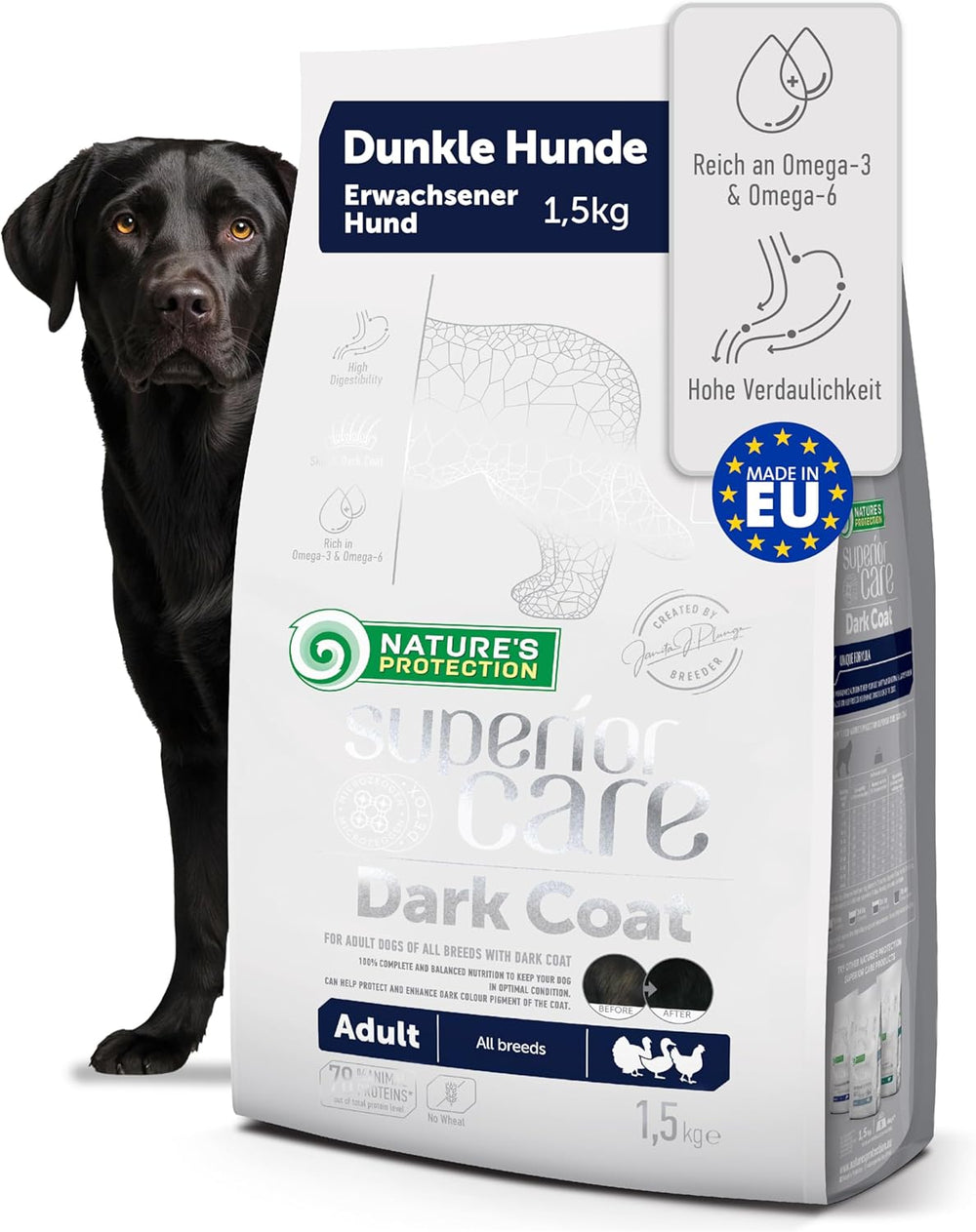 Nature's Protection, Superior Care - Weizenfreies Trockenfutter mit Geflügel - Erwachsen, Alle Rassen, Dunkles Fell
