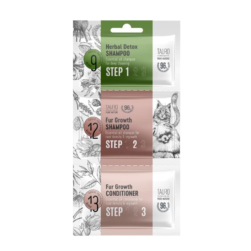 Tauro Pro Line, Pure Nature, Proben-Set - Herbal Detox + Fur Growth, Shampoo & Conditioner für Hunde & Katzen