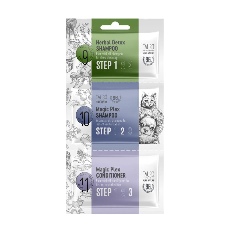 Tauro Pro Line, Pure Nature, Proben-Set - Herbal Detox + Magic-Plex, Shampoo & Conditioner für Hunde & Katzen