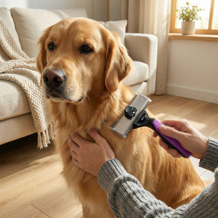 Deshedding-Rechen Größe L im Einsatz an einem Golden Retriever