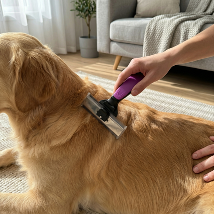 Unterwollbürste Größe L wird am Rücken eines Golden Retrievers geführt