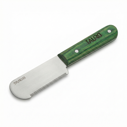 Tauro Pro Line Stripping-Messer - Feine Zahnung, grüner Holzgriff, 16 cm, 16 Zähne