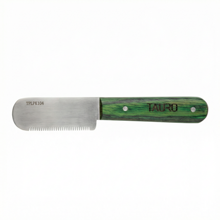Tauro Pro Line Stripping-Messer - Grobe Zahnung, grüner Holzgriff, 16 cm, 15 Zähne