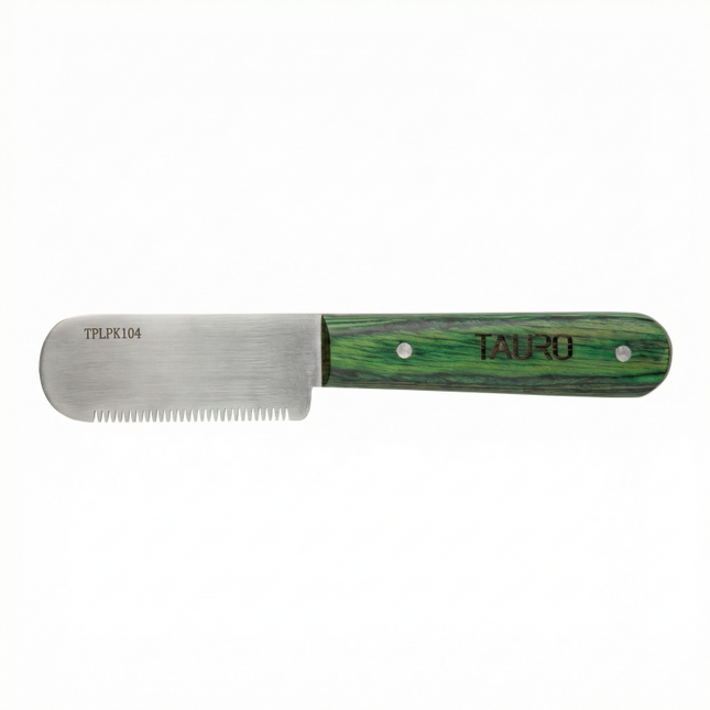 Tauro Pro Line Stripping-Messer - Grobe Zahnung, grüner Holzgriff, 16 cm, 15 Zähne