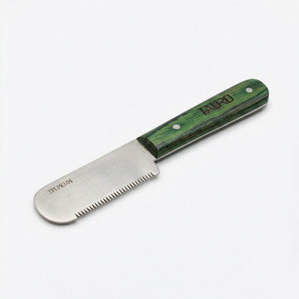 Tauro Pro Line Stripping-Messer - Grobe Zahnung, grüner Holzgriff, 16 cm, 15 Zähne