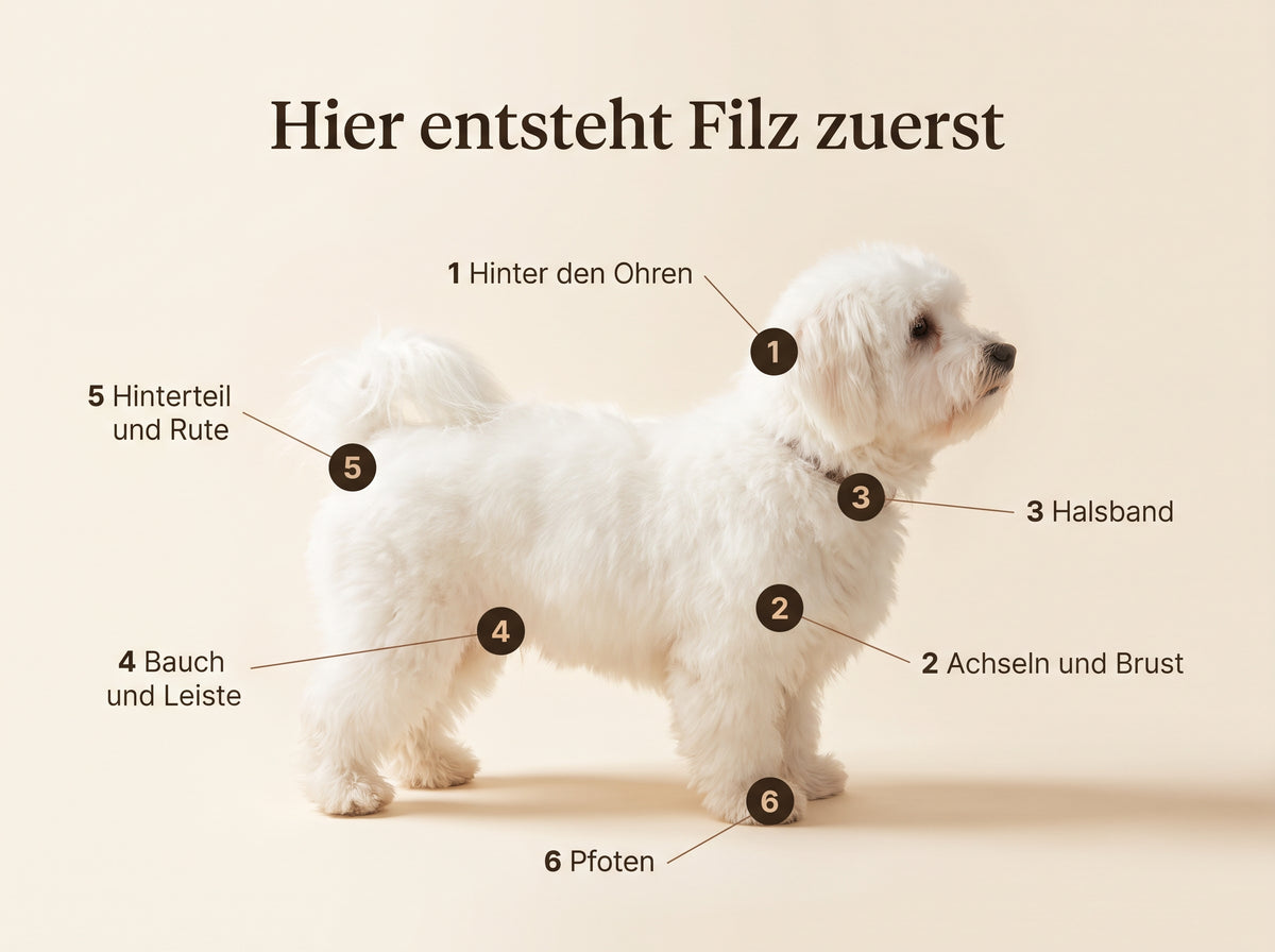 Hier entsteht Filz zuerst: hinter den Ohren, an Achseln und Brust, unter dem Halsband, an Bauch und Leiste, an Hinterteil und Rute und an den Pfoten