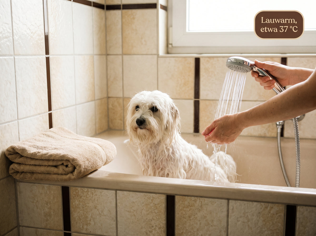 Hund mit Juckreiz lauwarm baden: Wasser um 37 °C am Handgelenk prüfen