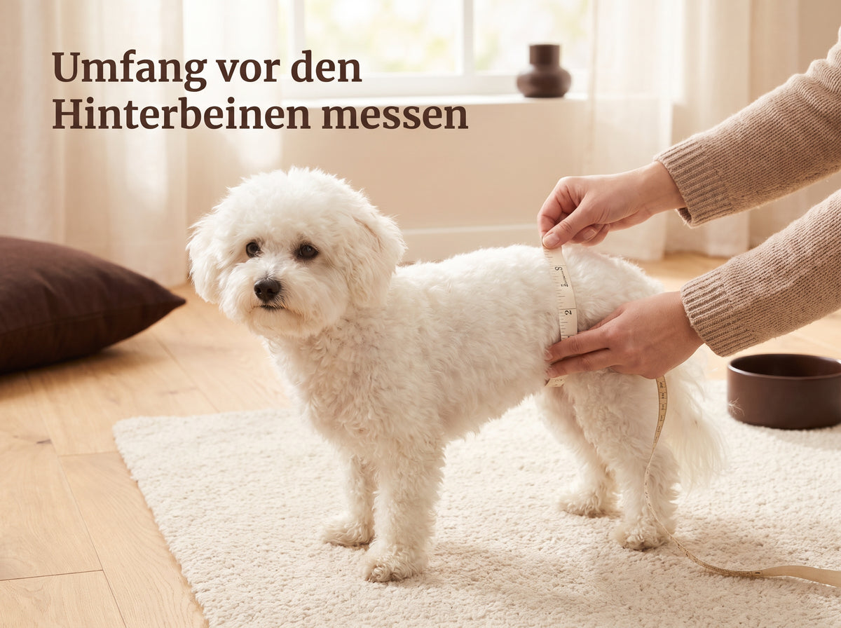 Größe der Hundewindel messen: den Umfang direkt vor den Hinterbeinen