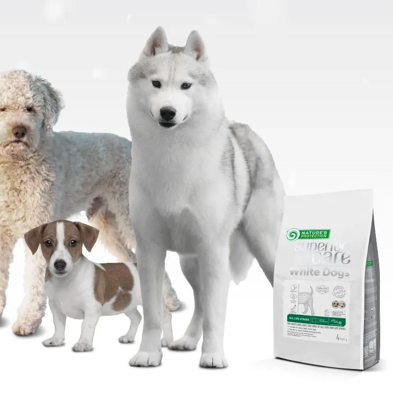 Three white dogs next to a pack of Nature's Protection White Dogs