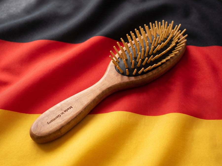 Pin-Bürste aus Birnbaumholz mit Gravur Made in Germany auf einer Deutschlandfahne
