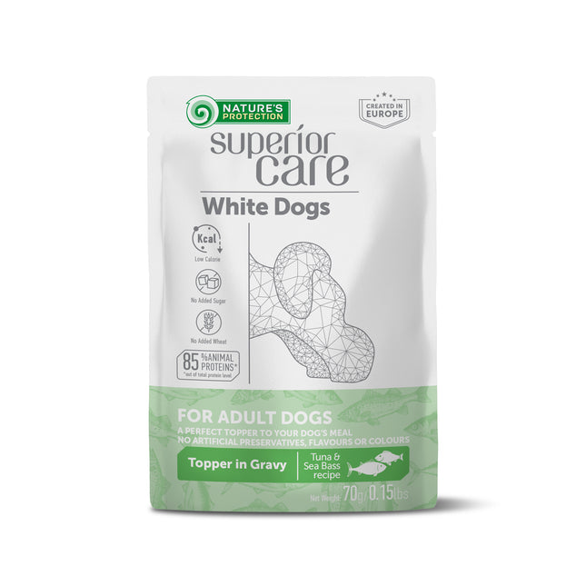 Nature's Protection Superior Care - Nassfutter, Ergänzungsfutter mit Thunfisch und Wolfsbarsch für Erwachsene Hunde, Weißes Fell, Alle Rassen, 70 g